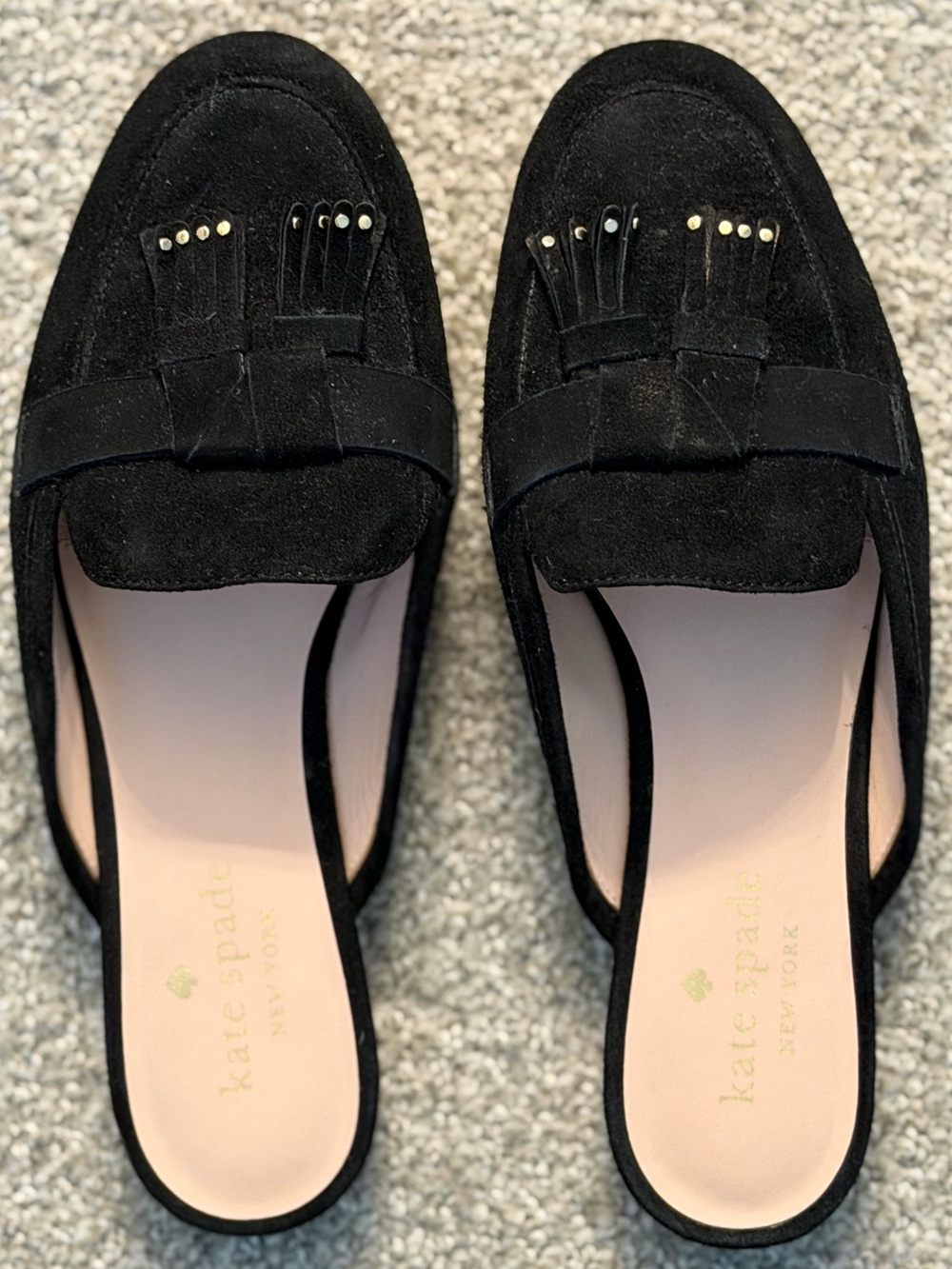 kate spade “Berkley” Black Suede Tassel Mules with Gold Studs Accents